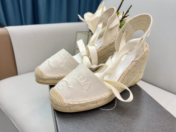 Prada Linen Espadrille Wedge Sandals White For Women 3.5in/90mm PRD