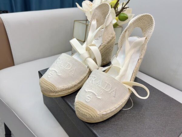 Prada Linen Espadrille Wedge Sandals White For Women 3.5in/90mm PRD