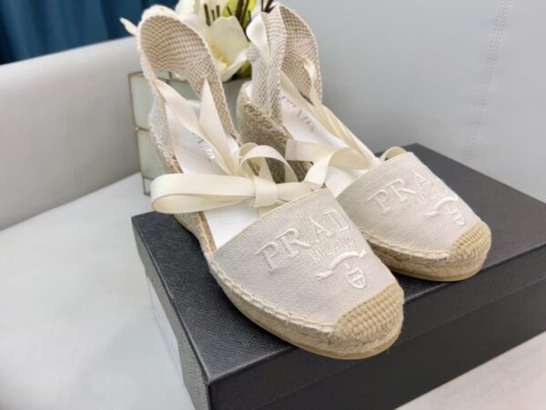 Prada Linen Espadrille Wedge Sandals White For Women 3.5in/90mm PRD