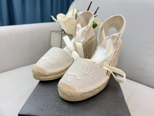 Prada Linen Espadrille Wedge Sandals White For Women 3.5in/90mm PRD