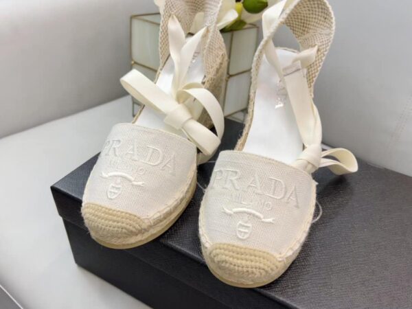 Prada Linen Espadrille Wedge Sandals White For Women 3.5in/90mm PRD
