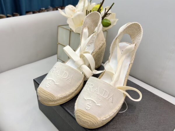 Prada Linen Espadrille Wedge Sandals White For Women 3.5in/90mm PRD