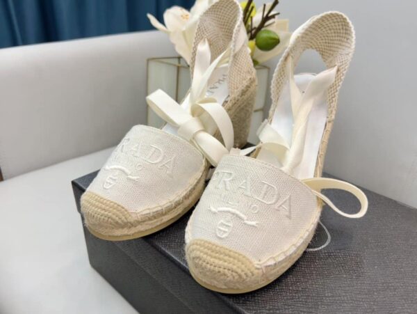 Prada Linen Espadrille Wedge Sandals White For Women 3.5in/90mm PRD