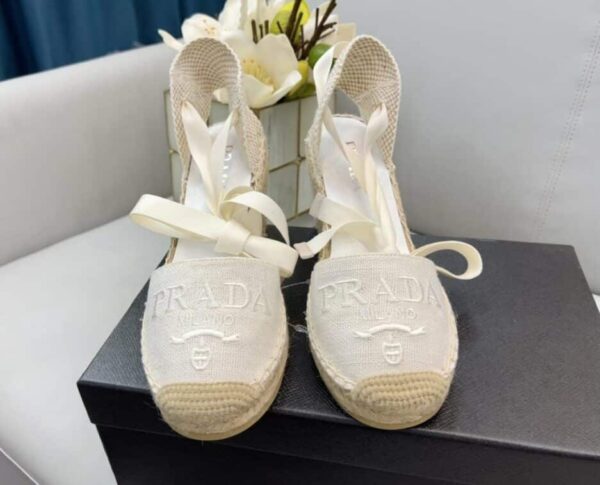 Prada Linen Espadrille Wedge Sandals White For Women 3.5in/90mm PRD