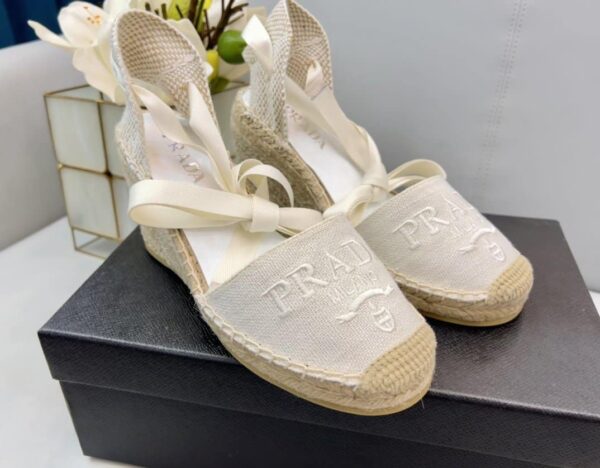 Prada Linen Espadrille Wedge Sandals White For Women 3.5in/90mm PRD