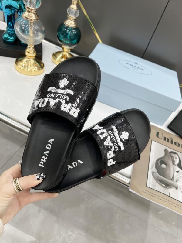 Prada Logo Detailed Sequin Slides Black For Women 1.4in/35mm PRD 1XX603F020959