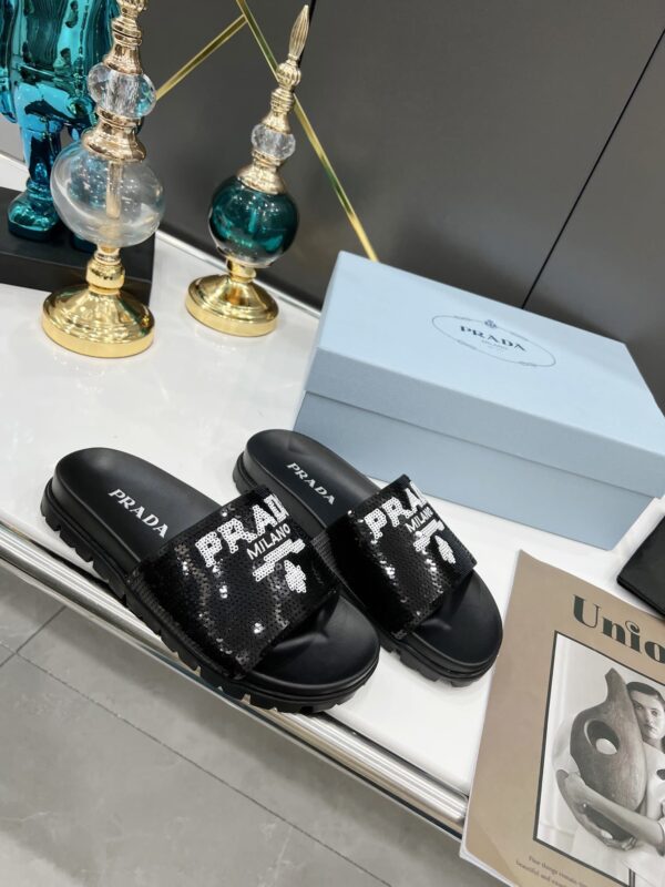 Prada Logo Detailed Sequin Slides Black For Women 1.4in/35mm PRD 1XX603F020959