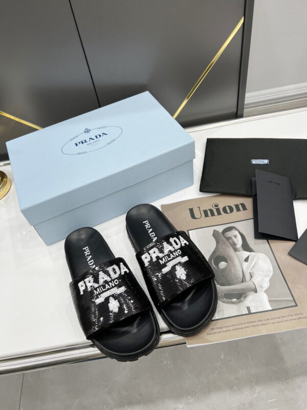 Prada Logo Detailed Sequin Slides Black For Women 1.4in/35mm PRD 1XX603F020959