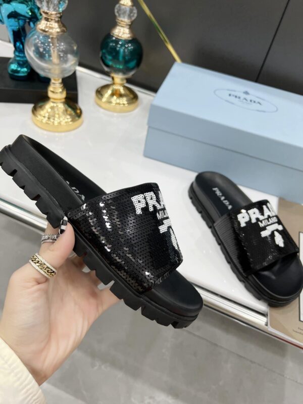 Prada Logo Detailed Sequin Slides Black For Women 1.4in/35mm PRD 1XX603F020959