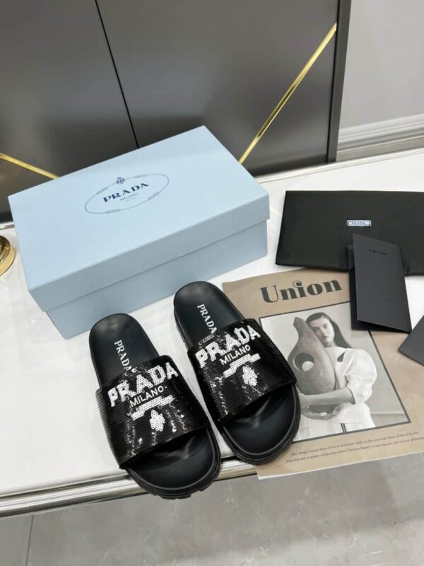 Prada Logo Detailed Sequin Slides Black For Women 1.4in/35mm PRD 1XX603F020959