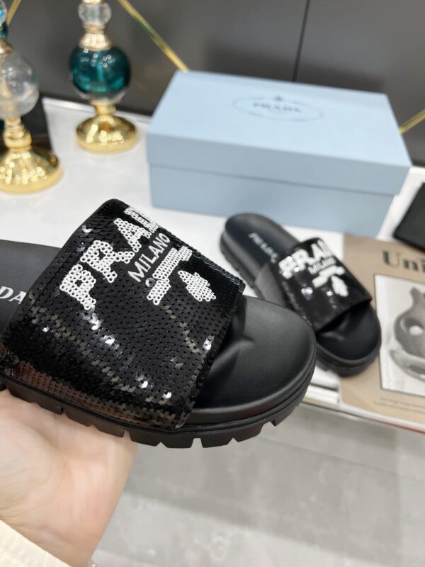 Prada Logo Detailed Sequin Slides Black For Women 1.4in/35mm PRD 1XX603F020959