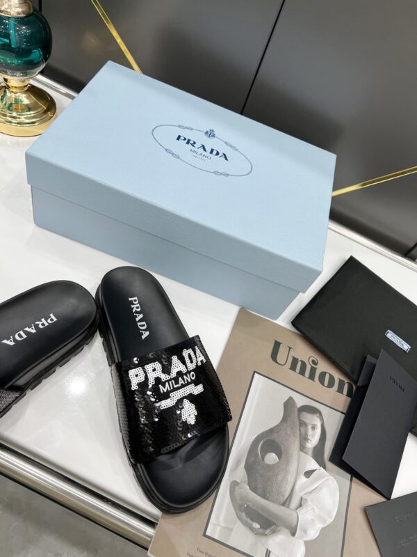 Prada Logo Detailed Sequin Slides Black For Women 1.4in/35mm PRD 1XX603F020959