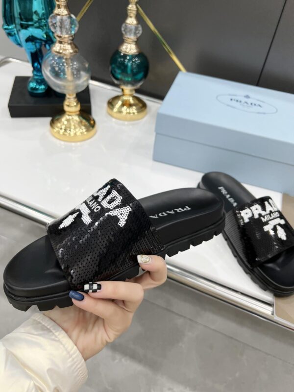 Prada Logo Detailed Sequin Slides Black For Women 1.4in/35mm PRD 1XX603F020959