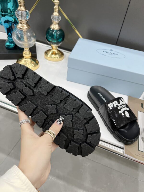 Prada Logo Detailed Sequin Slides Black For Women 1.4in/35mm PRD 1XX603F020959