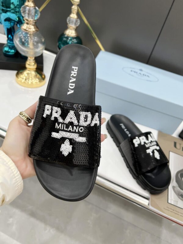 Prada Logo Detailed Sequin Slides Black For Women 1.4in/35mm PRD 1XX603F020959