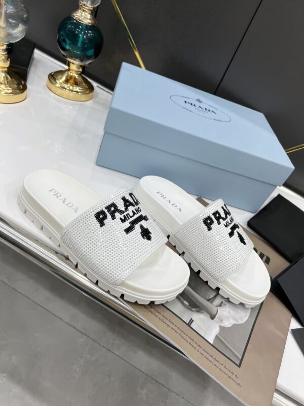 Prada Logo Detailed Sequin Slides White For Women 1.4in/35mm PRD