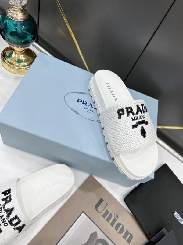 Prada Logo Detailed Sequin Slides White For Women 1.4in/35mm PRD