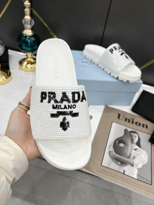 Prada Logo Detailed Sequin Slides White For Women 1.4in/35mm PRD