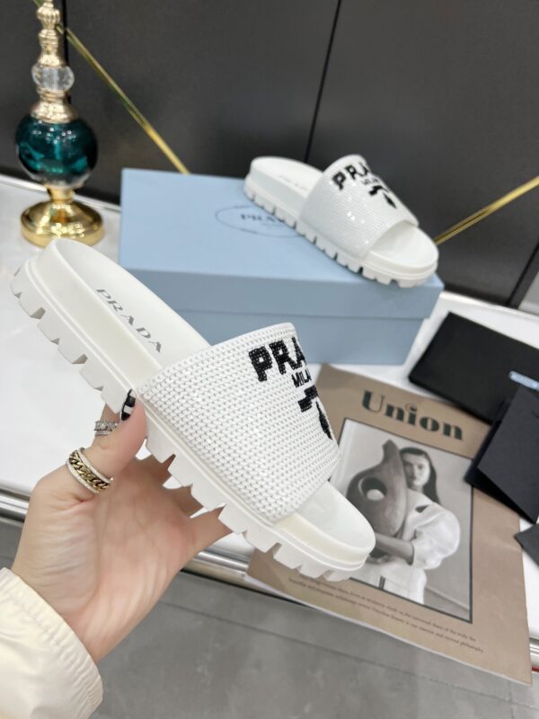 Prada Logo Detailed Sequin Slides White For Women 1.4in/35mm PRD