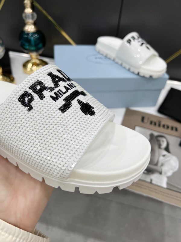 Prada Logo Detailed Sequin Slides White For Women 1.4in/35mm PRD
