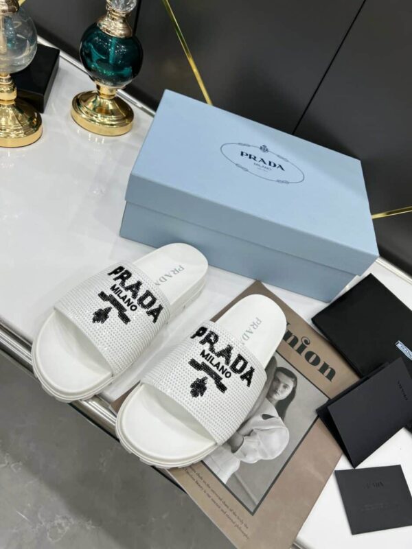 Prada Logo Detailed Sequin Slides White For Women 1.4in/35mm PRD