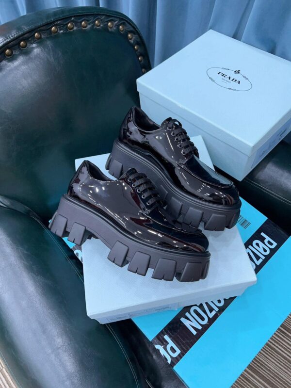 Prada Monolith Brushed Lace-Up Shoes Shiny Black For Women 2.4in/60mm PRD 