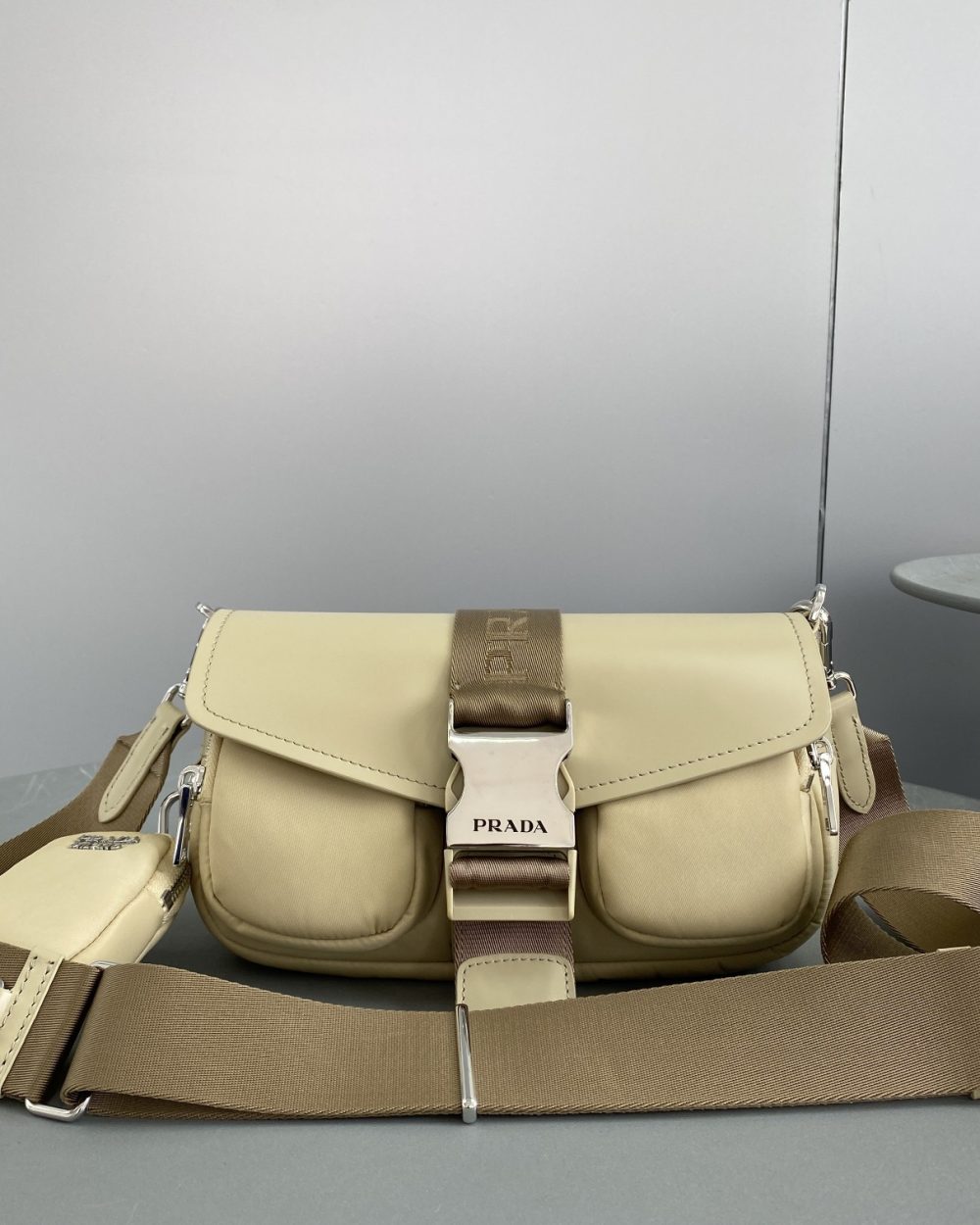 Prada Pocket Nylon And Brushed Bag Beige For Women, Women's Bags 9in/23cm 1BD295_789_F0F24_V_BFO