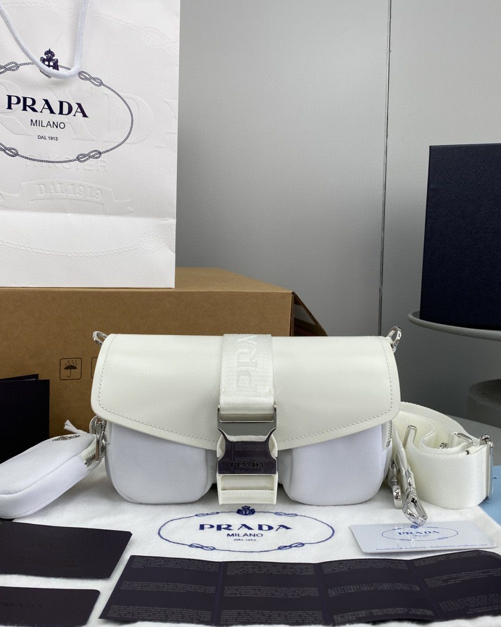 Prada Pocket Nylon And Brushed Bag White For Women, Women's Bags 9in/23cm 1BD295_789_F0009_V_BFO