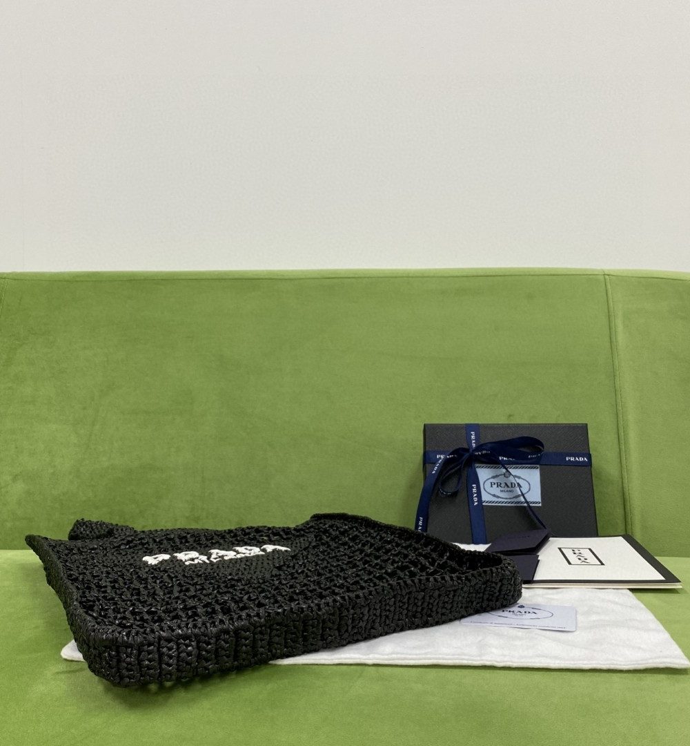 Prada Raffia Tote Bag Black For Women, Women's Bags 14.9in/38cm 1BG393_2A2T_F0002_V_OOO