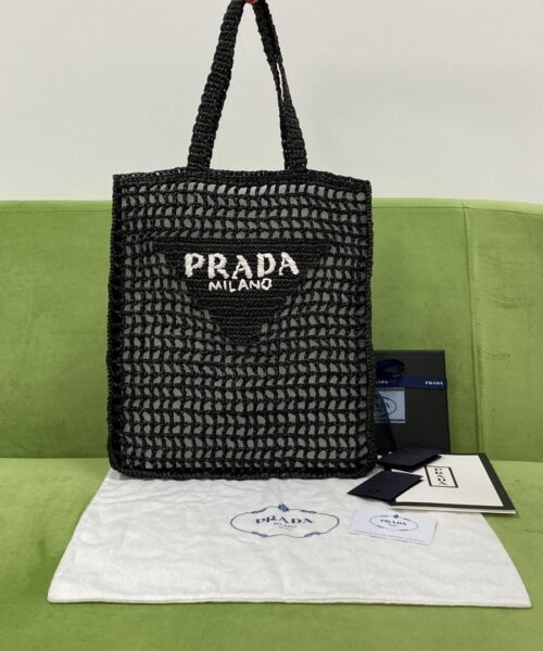 Prada Raffia Tote Bag Black For Women, Women's Bags 14.9in/38cm 1BG393_2A2T_F0002_V_OOO