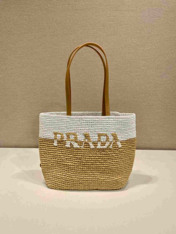 Prada Raffia Tote Bag White And Beige For Women 9.1in/23cm