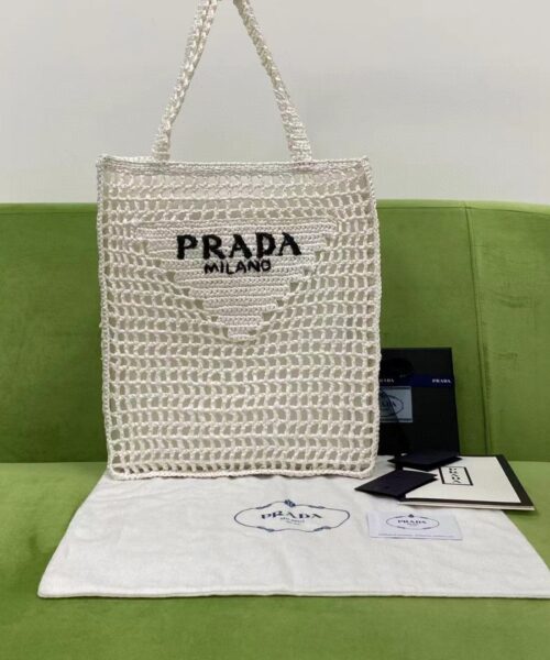 Prada Raffia Tote Bag White For Women, Women's Bags 14.9in/38cm 1BG393_2A2T_F0009_V_OOO