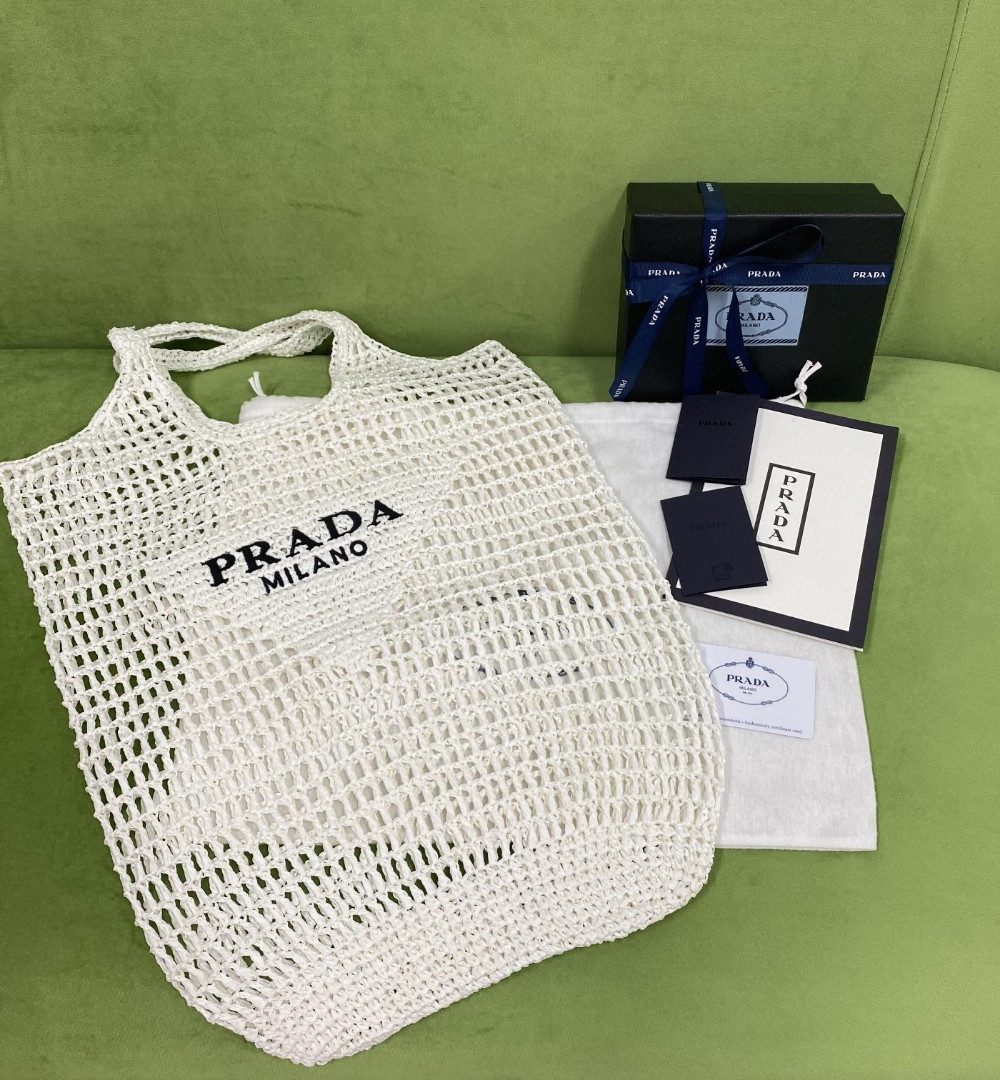 Prada Raffia Tote Bag White For Women, Women's Bags 20in/51cm 1BG424_2A2T_F0009_V_OOO