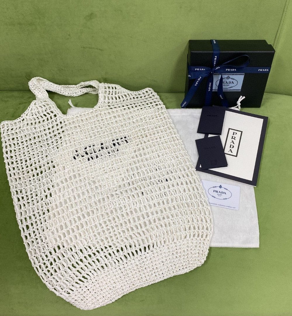 Prada Raffia Tote Bag White For Women, Women's Bags 20in/51cm 1BG424_2A2T_F0009_V_OOO