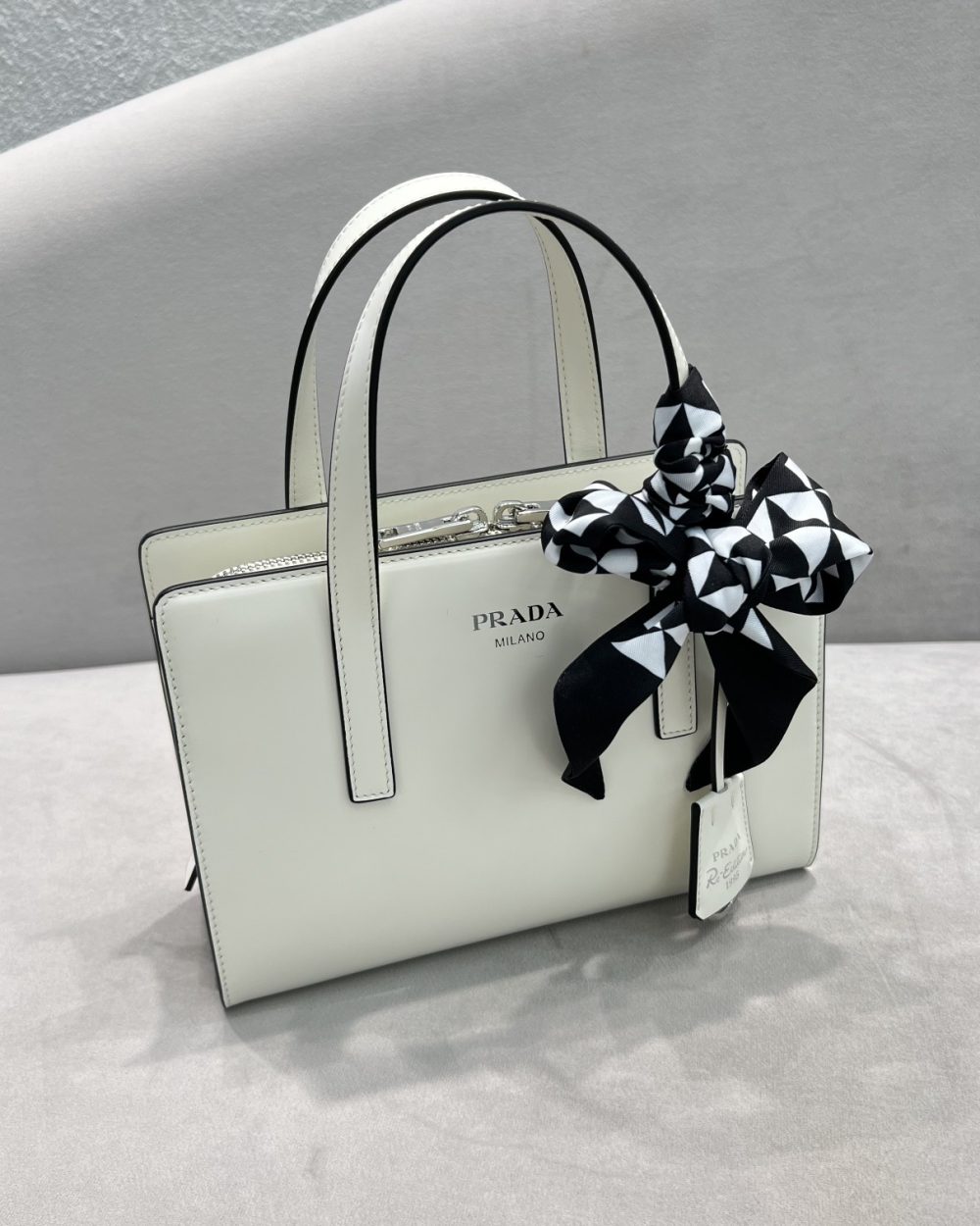 Prada Re-Edition 1995 Brushed Mini Handbag White For Women, Women's Bags 8.6in/22cm