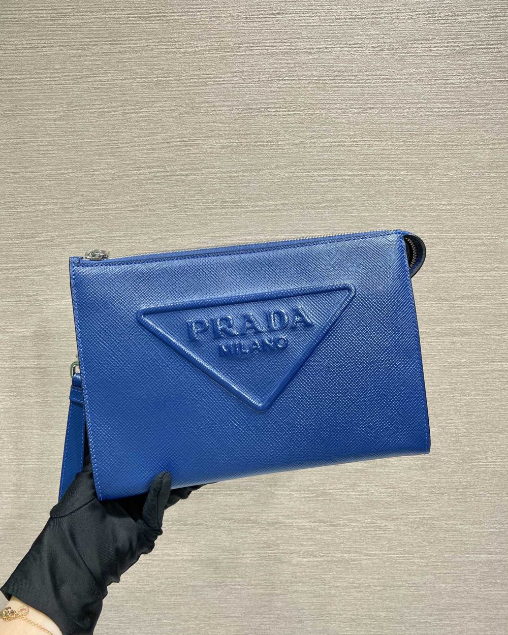 Prada Saffiano Pouch Blue For Women, Women's Bags 9.8in/25cm 2VF039_2FAD_F0016_V_OOO