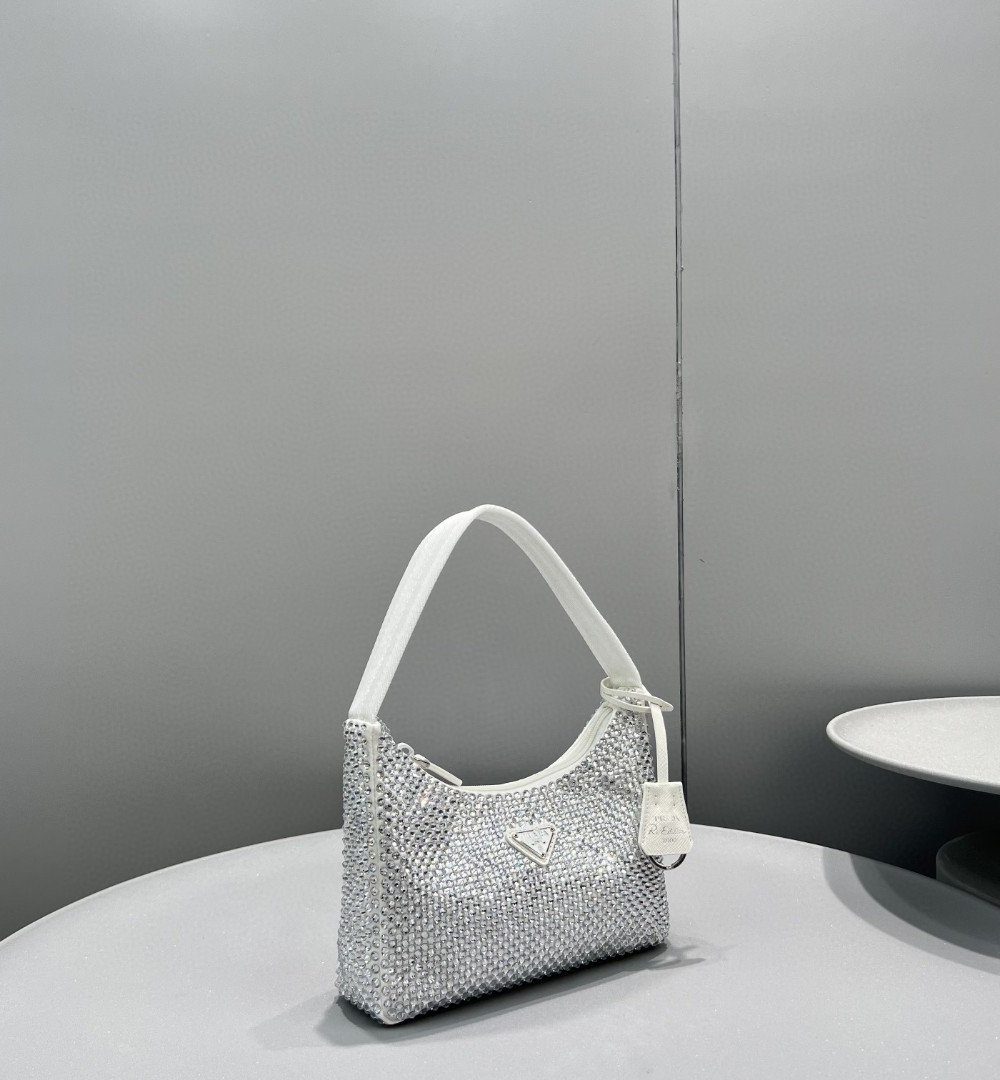 Prada Satin Mini-Bag With Crystals White For Women, Women's Bags 8.6in/22cm 1BC515_2AWL_F0009_V_OOO