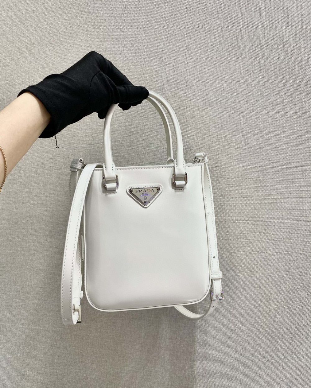Prada Small Brushed Tote White For Women, Women's Bags 6.9in/18cm 1BA331_ZO6_F0009_V_OOO