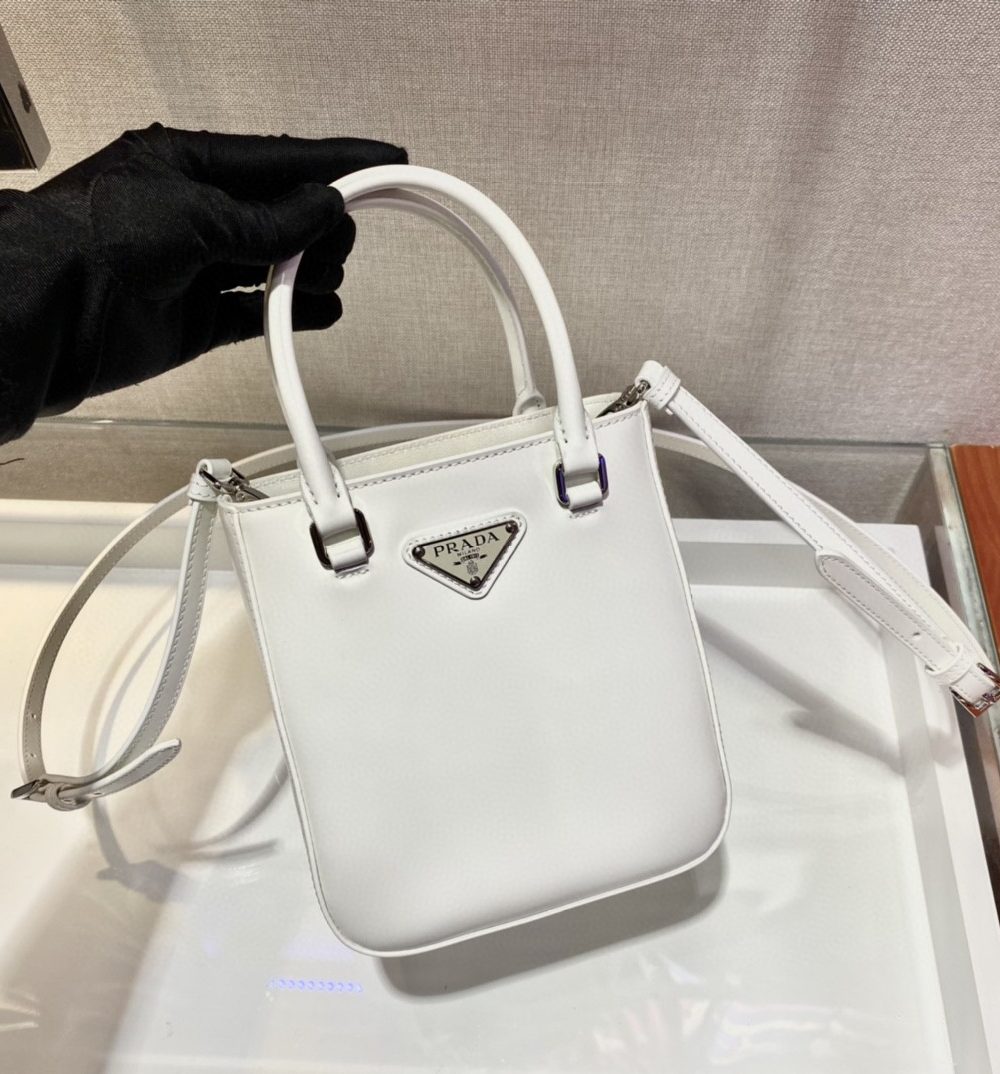 Prada Small Brushed Tote White For Women, Women's Bags 6.9in/18cm 1BA331_ZO6_F0009_V_OOO
