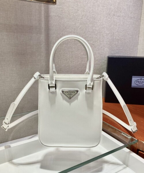 Prada Small Brushed Tote White For Women, Women's Bags 6.9in/18cm 1BA331_ZO6_F0009_V_OOO