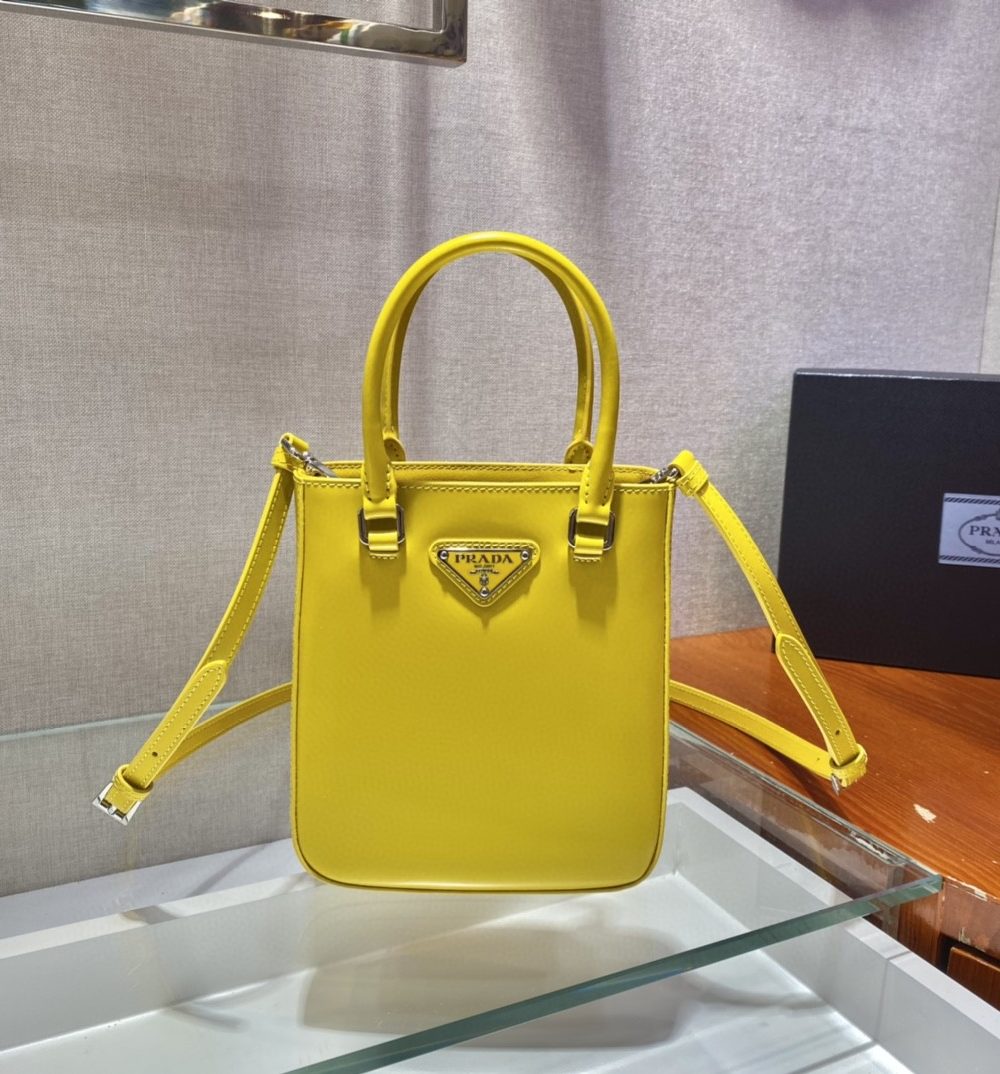 Prada Small Brushed Tote Yellow For Women, Women's Bags 6.9in/18cm 1BA331_ZO6_F0ZNZ_V_OOO