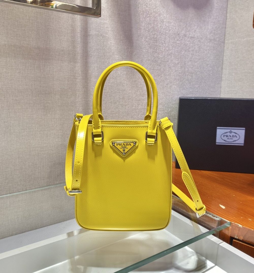 Prada Small Brushed Tote Yellow For Women, Women's Bags 6.9in/18cm 1BA331_ZO6_F0ZNZ_V_OOO