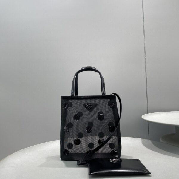 Prada Small Polka-Dot Mesh Tote Bag Black For Women, Women's Bags 8.6in/22cm 1BG417_2DZ9_F0002_V_OOO