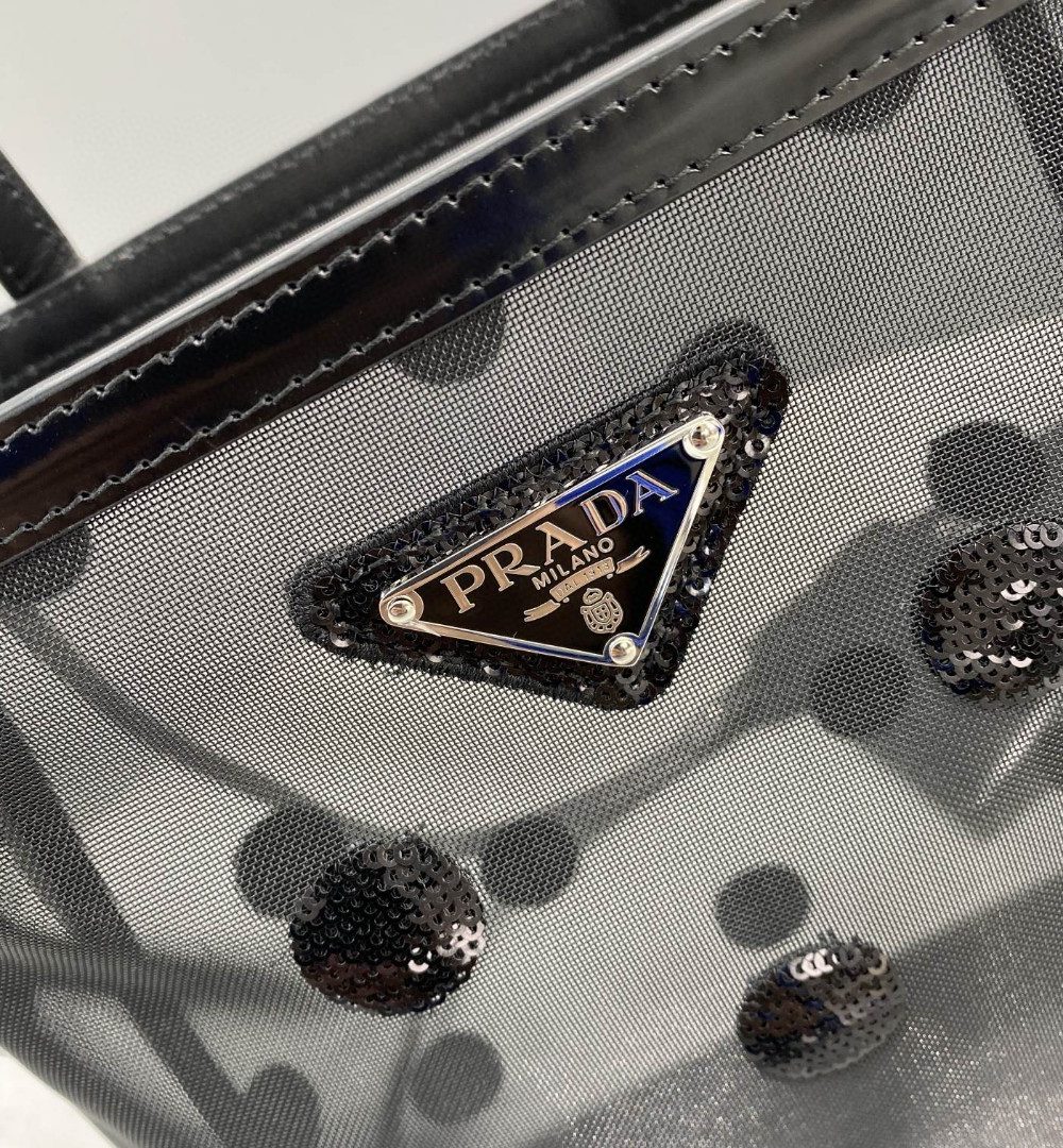 Prada Small Polka-Dot Mesh Tote Bag Black For Women, Women's Bags 8.6in/22cm 1BG417_2DZ9_F0002_V_OOO