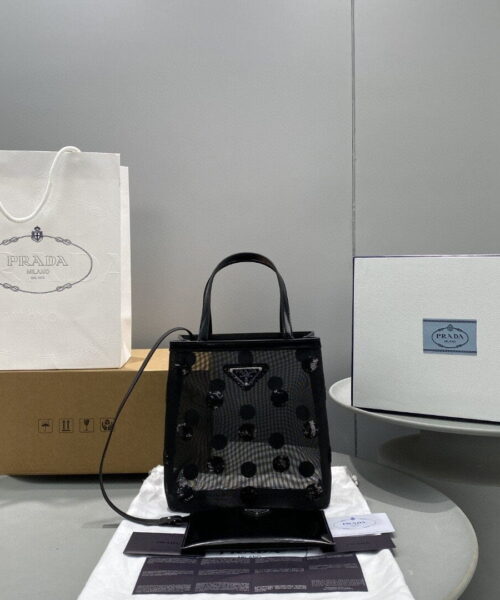 Prada Small Polka-Dot Mesh Tote Bag Black For Women, Women's Bags 8.6in/22cm 1BG417_2DZ9_F0002_V_OOO