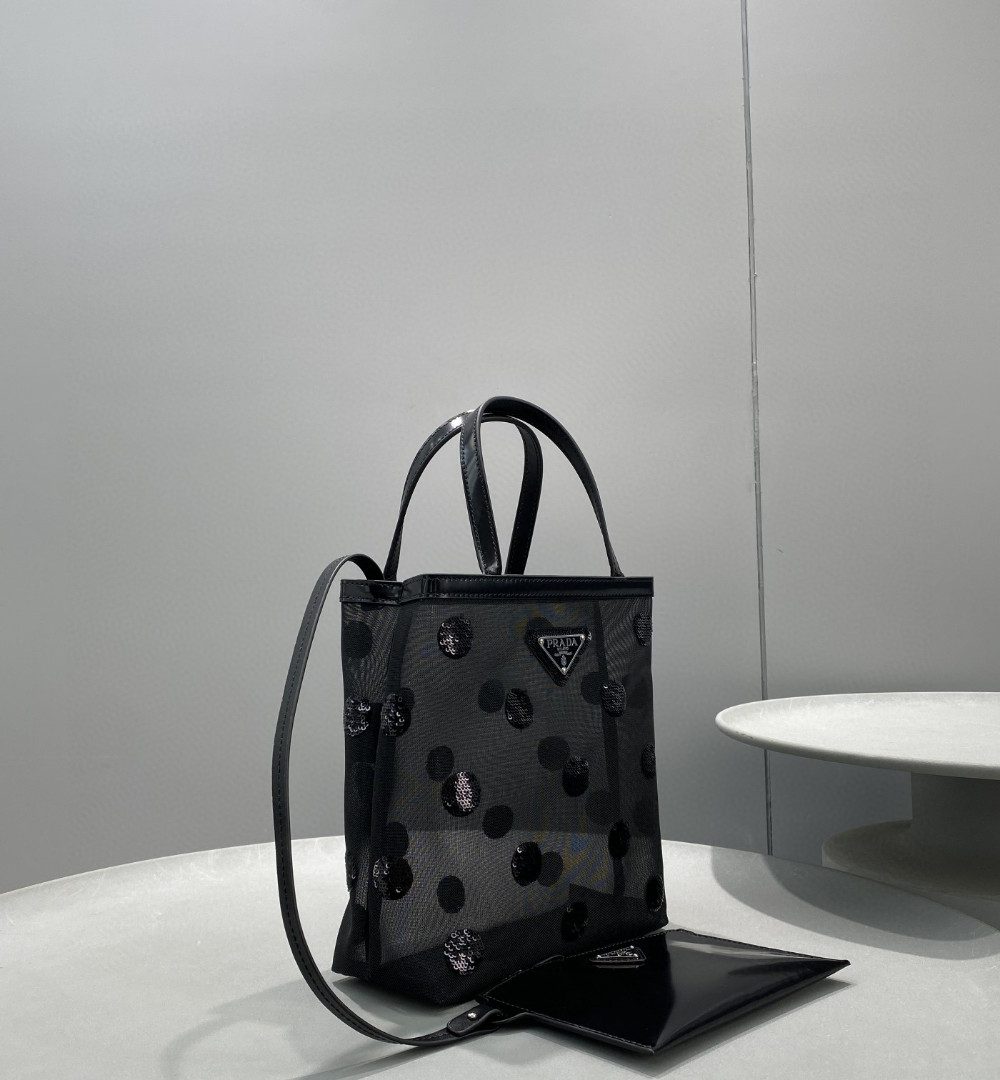 Prada Small Polka-Dot Mesh Tote Bag Black For Women, Women's Bags 8.6in/22cm 1BG417_2DZ9_F0002_V_OOO