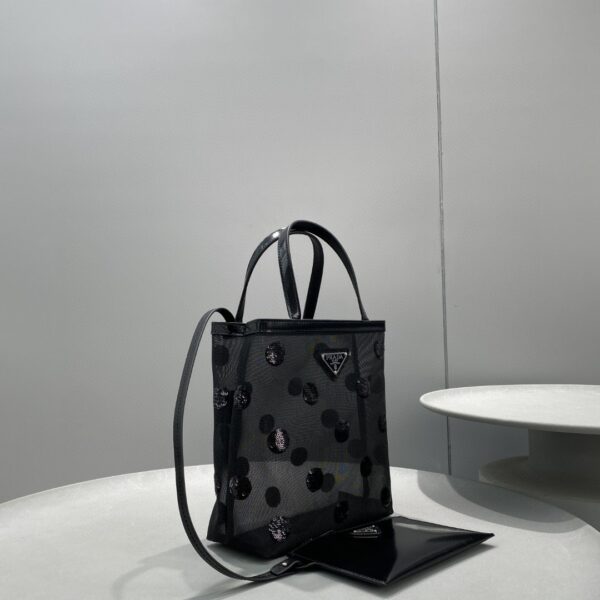 Prada Small Polka-Dot Mesh Tote Bag Black For Women, Women's Bags 8.6in/22cm 1BG417_2DZ9_F0002_V_OOO