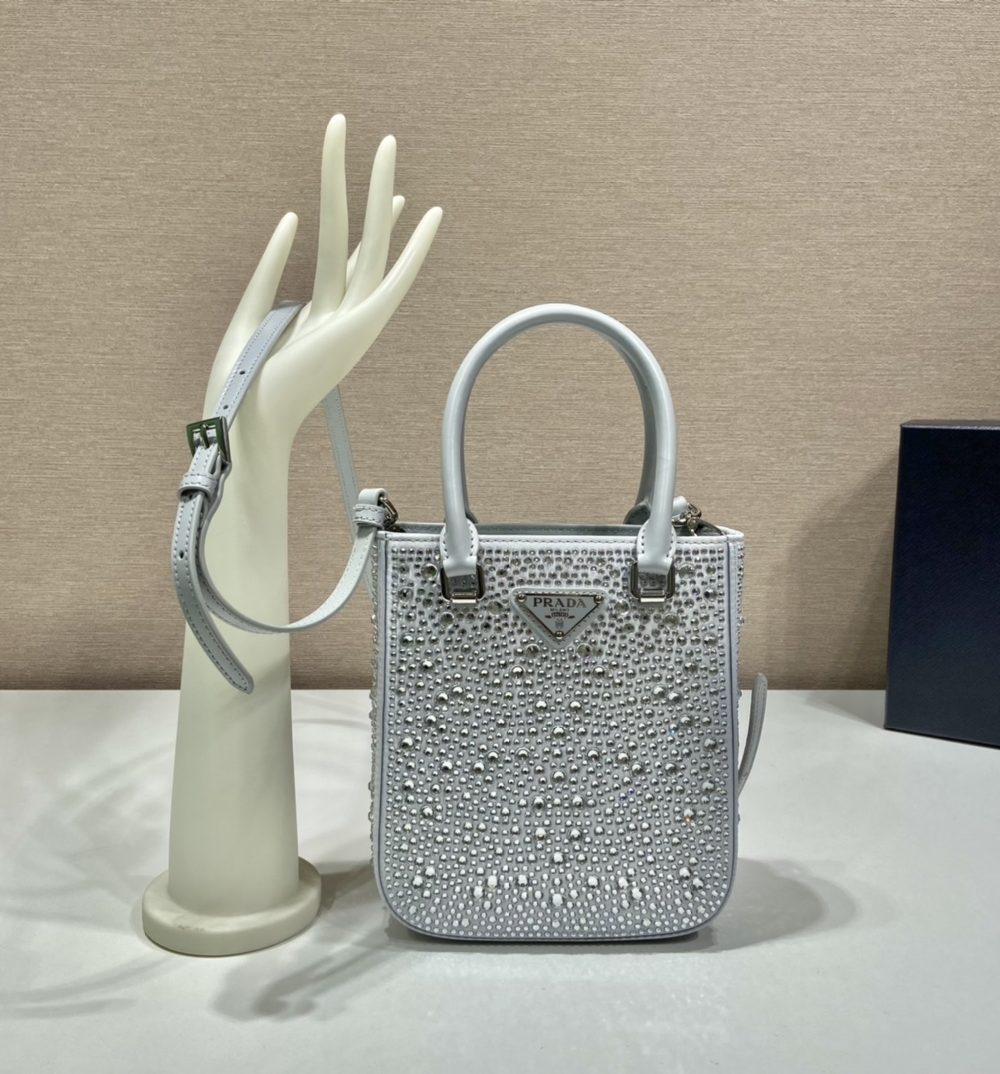 Prada Small Satin Tote Bag With Crystals Silver For Women, Women's Bags 6.9in/18cm 1BA331_2AWL_F0934_V_OOO