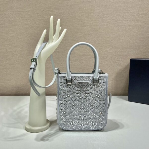 Prada Small Satin Tote Bag With Crystals Silver For Women, Women's Bags 6.9in/18cm 1BA331_2AWL_F0934_V_OOO