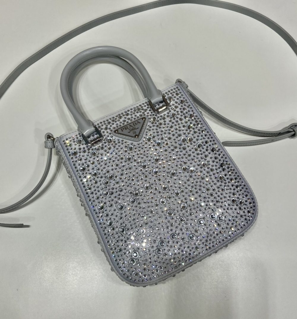 Prada Small Satin Tote Bag With Crystals Silver For Women, Women's Bags 6.9in/18cm 1BA331_2AWL_F0934_V_OOO